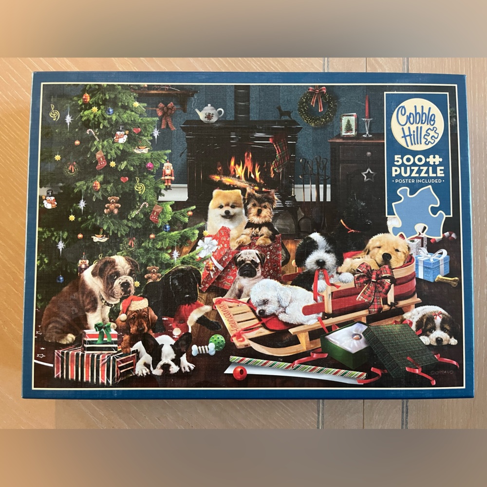 500 piece Christmas Puppies jigsaw puzzle by Cobble Hill.